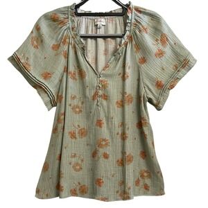 Wonderly Womens Large Floral Top Green Short Short Sleeve Elastic Ruffle V-Neck